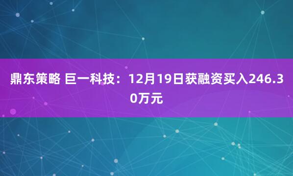 鼎东策略 巨一科技：12月19日获融资买入246.30万元